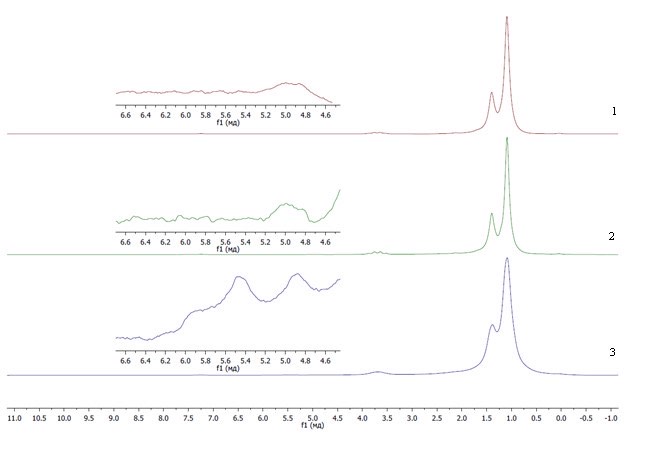  Спектры ЯМР 1Н образцов модифицированного бутилкаучука:1 – до термической обработки; 2 – после термической обработки при 245 °C в течение 5 мин; 3 – после термической обработки при 245 °C в течение 10 мин